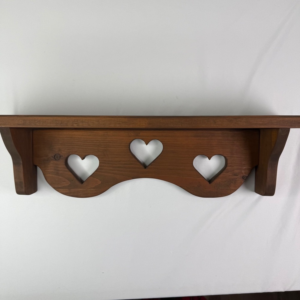 Vintage Rustic Wood Wall Shelf with Heart Cutouts Country Farmhouse Decor 22in